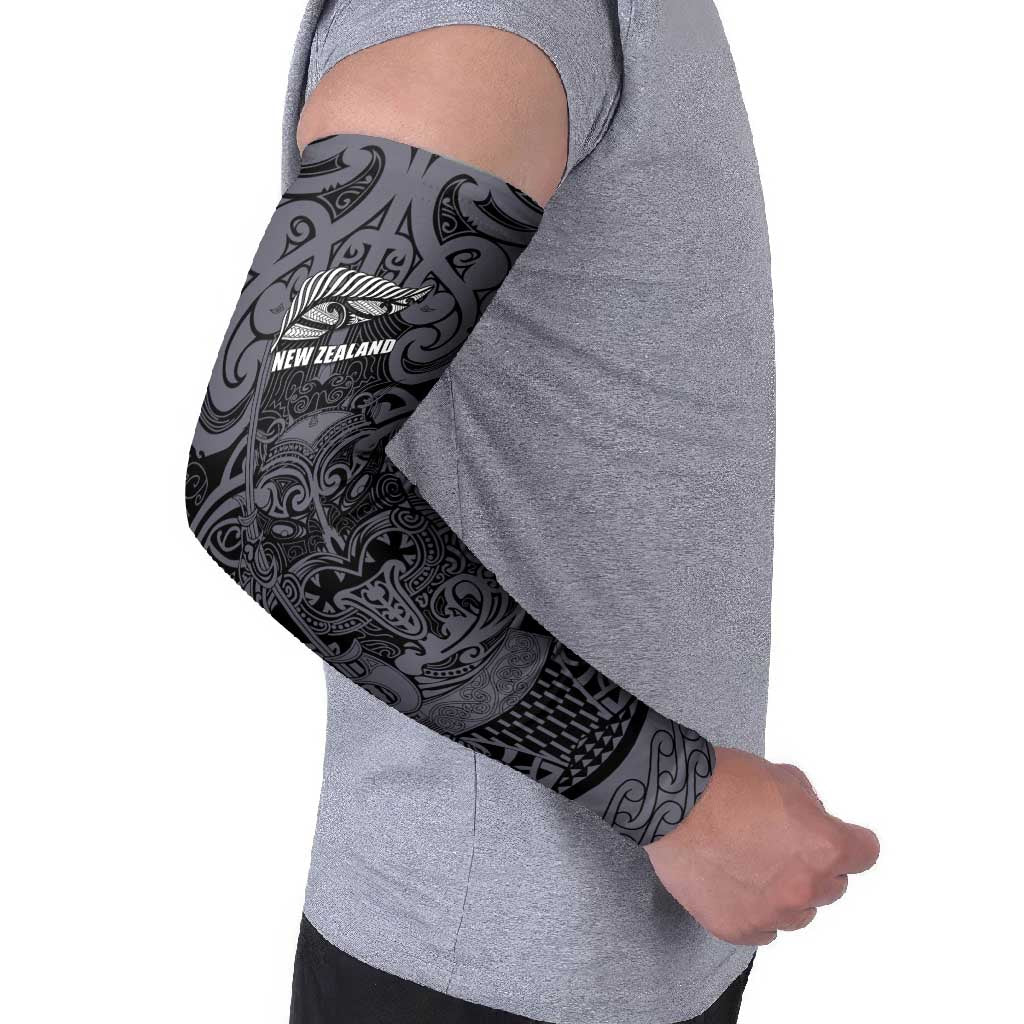 Custom New Zealand Taiaha Maori Arm Sleeves Minimalist Silver Fern All Black - Aussie Hoodie