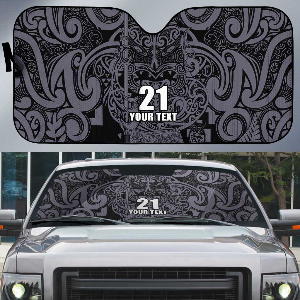 Custom New Zealand Taiaha Maori Auto Sun Shade Minimalist Silver Fern All Black - Aussie Hoodie