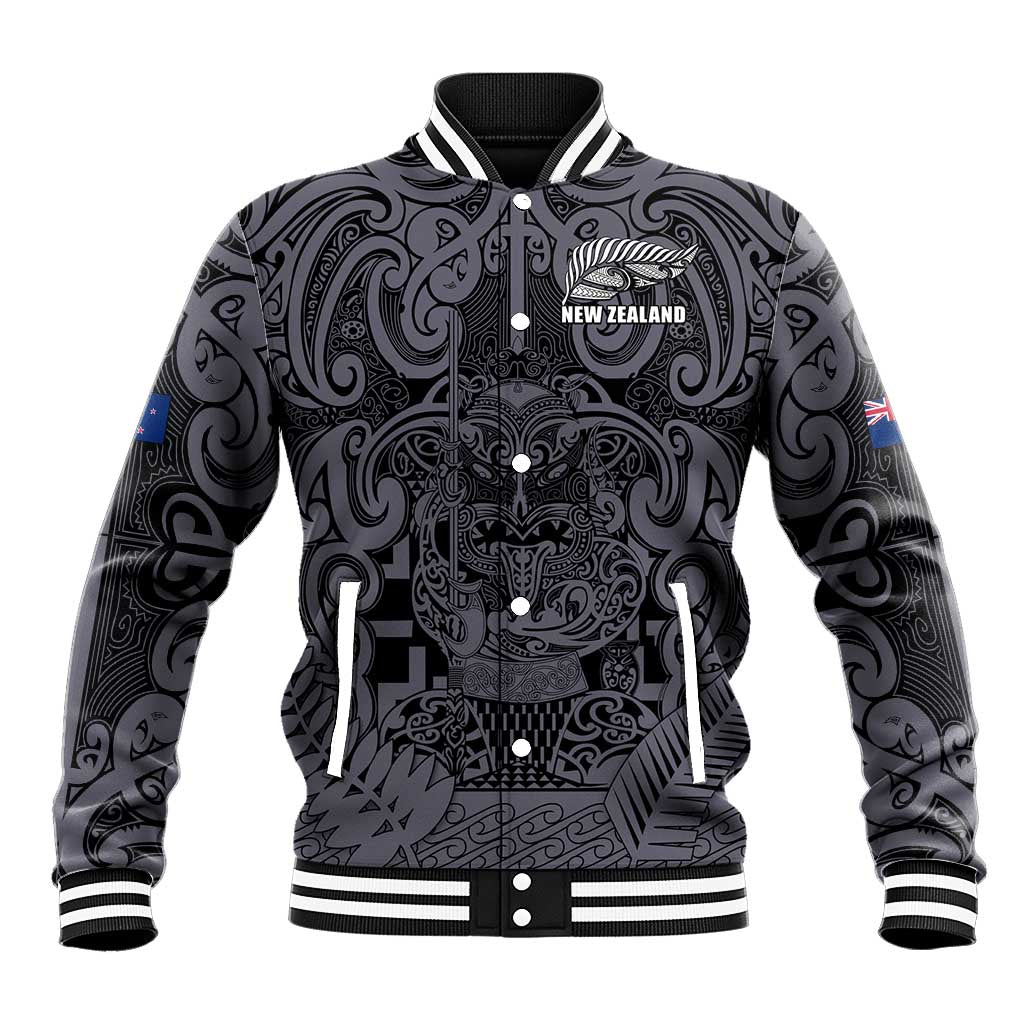 Custom New Zealand Taiaha Maori Baseball Jacket Minimalist Silver Fern All Black - Aussie Hoodie