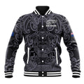 Custom New Zealand Taiaha Maori Baseball Jacket Minimalist Silver Fern All Black - Aussie Hoodie