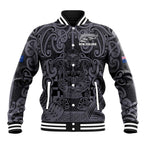 Custom New Zealand Taiaha Maori Baseball Jacket Minimalist Silver Fern All Black - Aussie Hoodie