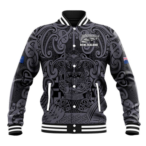 Custom New Zealand Taiaha Maori Baseball Jacket Minimalist Silver Fern All Black - Aussie Hoodie