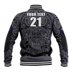 Custom New Zealand Taiaha Maori Baseball Jacket Minimalist Silver Fern All Black - Aussie Hoodie