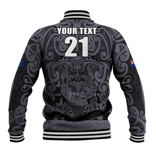 Custom New Zealand Taiaha Maori Baseball Jacket Minimalist Silver Fern All Black - Aussie Hoodie
