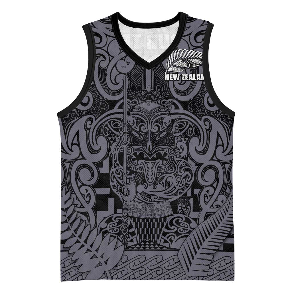 Custom New Zealand Taiaha Maori Basketball Jersey Minimalist Silver Fern All Black - Aussie Hoodie