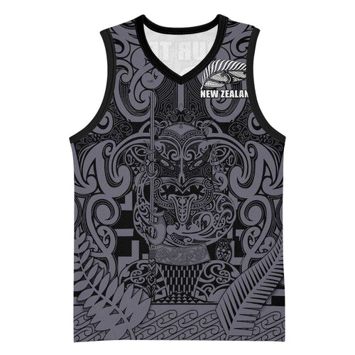 Custom New Zealand Taiaha Maori Basketball Jersey Minimalist Silver Fern All Black - Aussie Hoodie