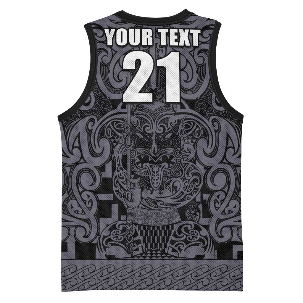 Custom New Zealand Taiaha Maori Basketball Jersey Minimalist Silver Fern All Black - Aussie Hoodie