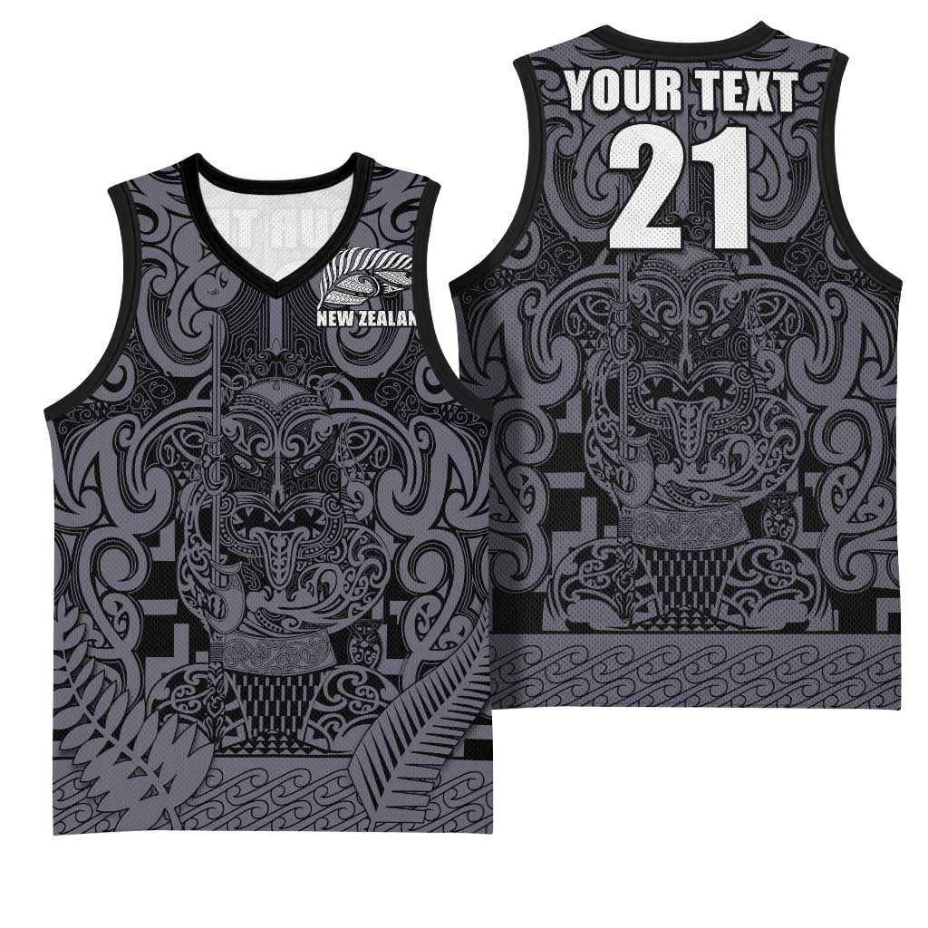 Custom New Zealand Taiaha Maori Basketball Jersey Minimalist Silver Fern All Black - Aussie Hoodie
