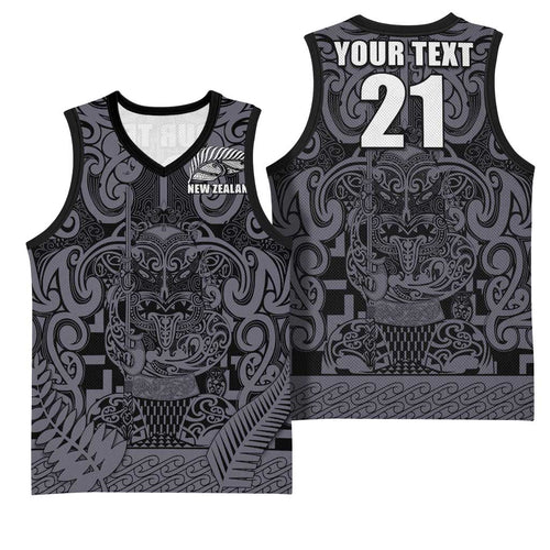 Custom New Zealand Taiaha Maori Basketball Jersey Minimalist Silver Fern All Black - Aussie Hoodie