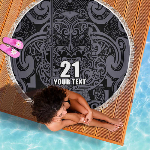 Custom New Zealand Taiaha Maori Beach Blanket Minimalist Silver Fern All Black - Aussie Hoodie