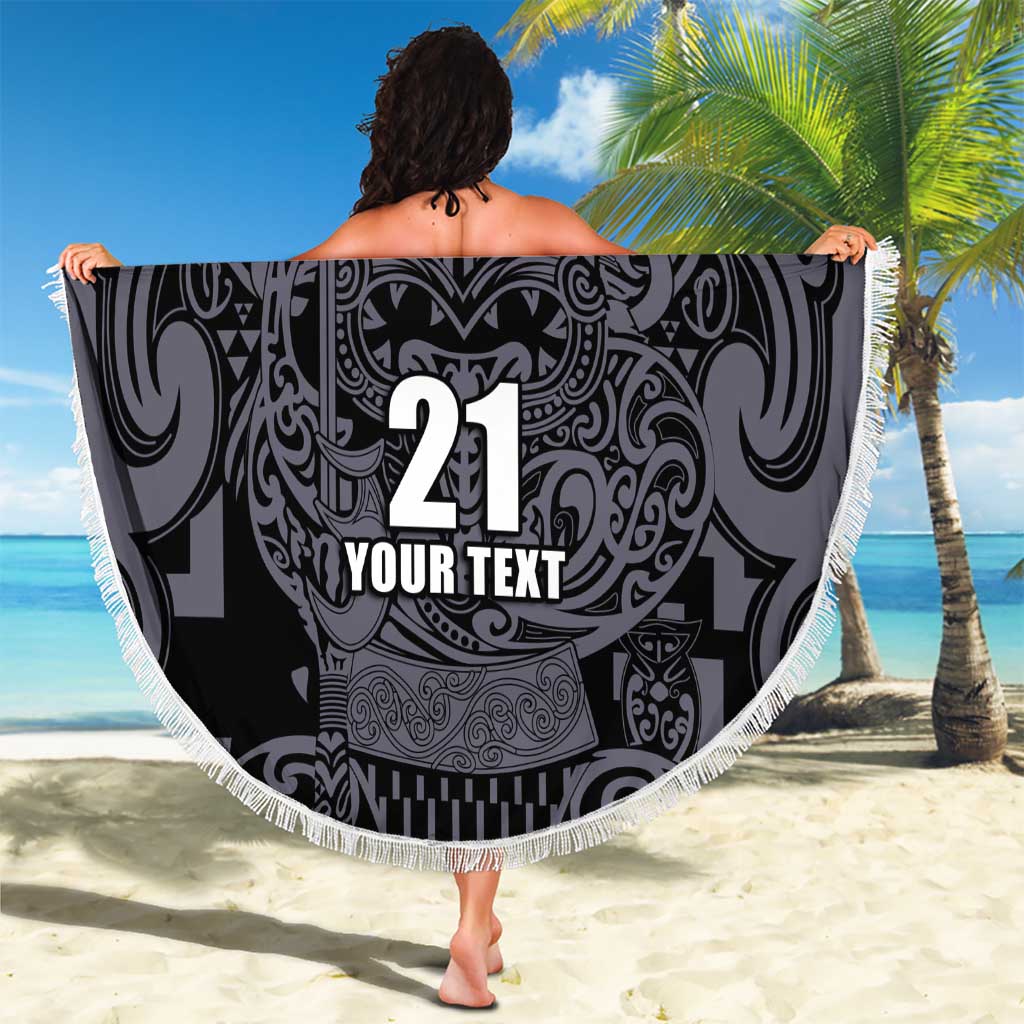 Custom New Zealand Taiaha Maori Beach Blanket Minimalist Silver Fern All Black - Aussie Hoodie