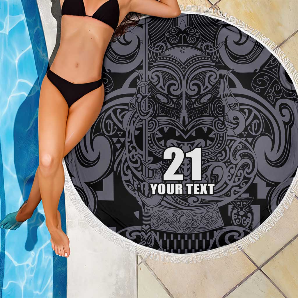 Custom New Zealand Taiaha Maori Beach Blanket Minimalist Silver Fern All Black - Aussie Hoodie