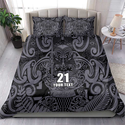 Custom New Zealand Taiaha Maori Bedding Set Minimalist Silver Fern All Black - Aussie Hoodie