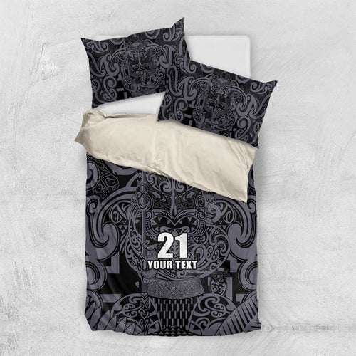 Custom New Zealand Taiaha Maori Bedding Set Minimalist Silver Fern All Black - Aussie Hoodie