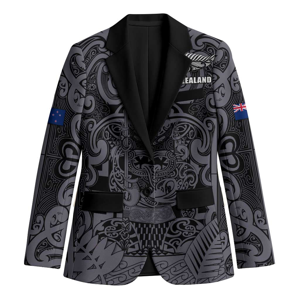 Custom New Zealand Taiaha Maori Blazer Minimalist Silver Fern All Black - Aussie Hoodie