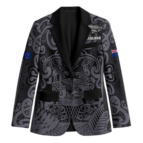 Custom New Zealand Taiaha Maori Blazer Minimalist Silver Fern All Black - Aussie Hoodie