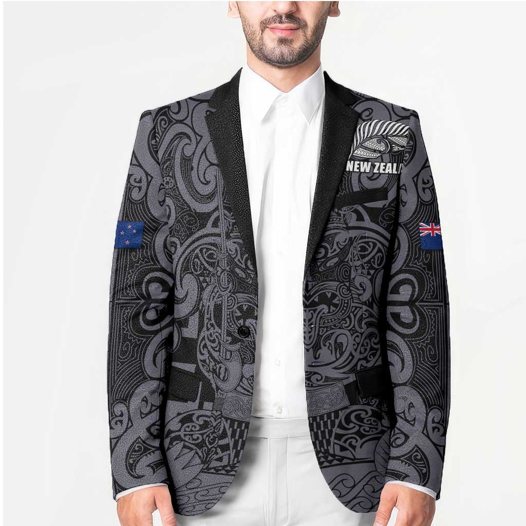 Custom New Zealand Taiaha Maori Blazer Minimalist Silver Fern All Black - Aussie Hoodie