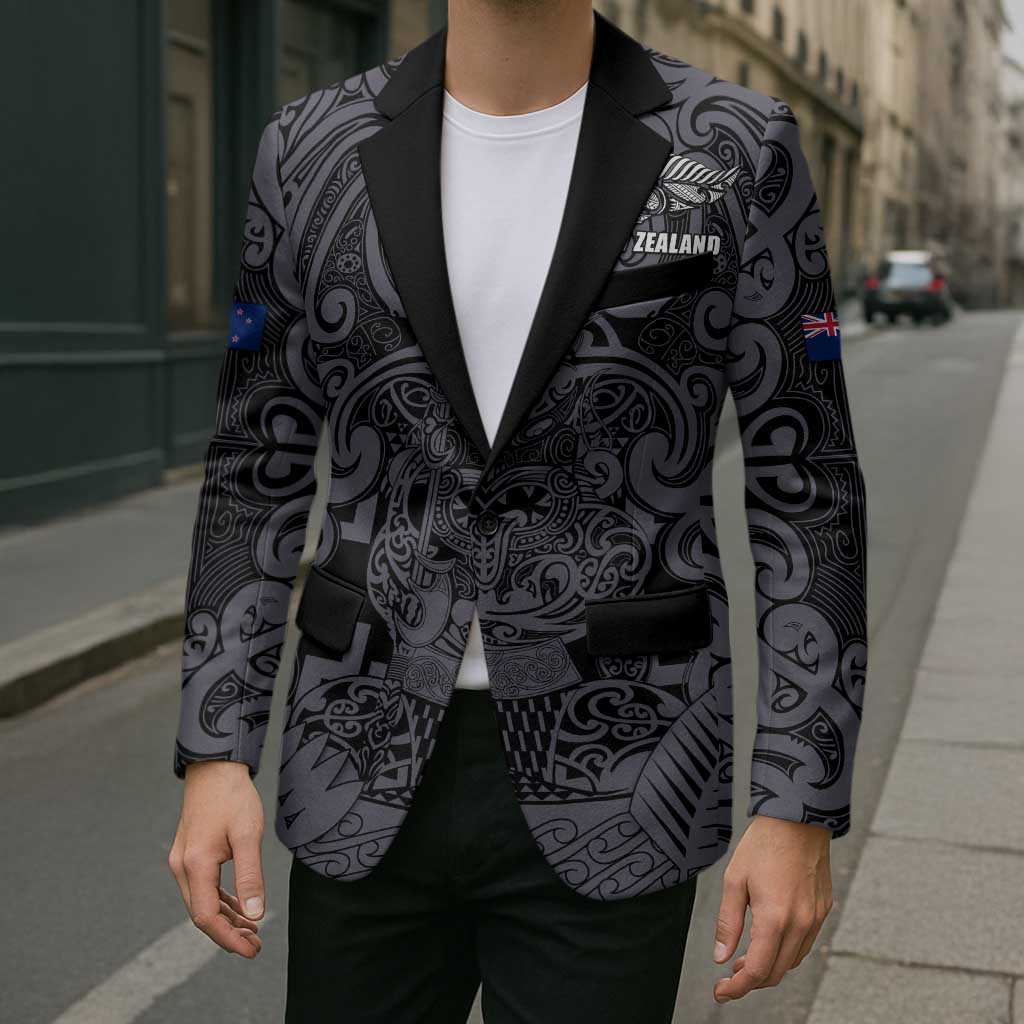 Custom New Zealand Taiaha Maori Blazer Minimalist Silver Fern All Black - Aussie Hoodie