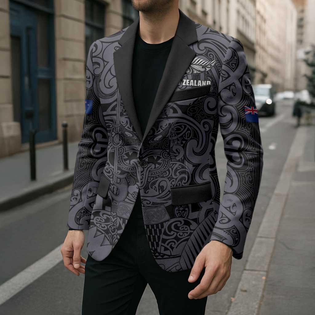 Custom New Zealand Taiaha Maori Blazer Minimalist Silver Fern All Black - Aussie Hoodie