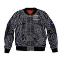 Custom New Zealand Taiaha Maori Bomber Jacket Minimalist Silver Fern All Black - Aussie Hoodie