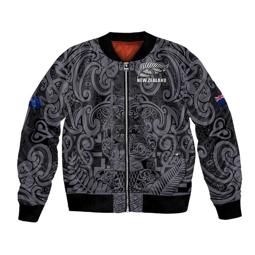 Custom New Zealand Taiaha Maori Bomber Jacket Minimalist Silver Fern All Black - Aussie Hoodie