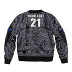 Custom New Zealand Taiaha Maori Bomber Jacket Minimalist Silver Fern All Black - Aussie Hoodie