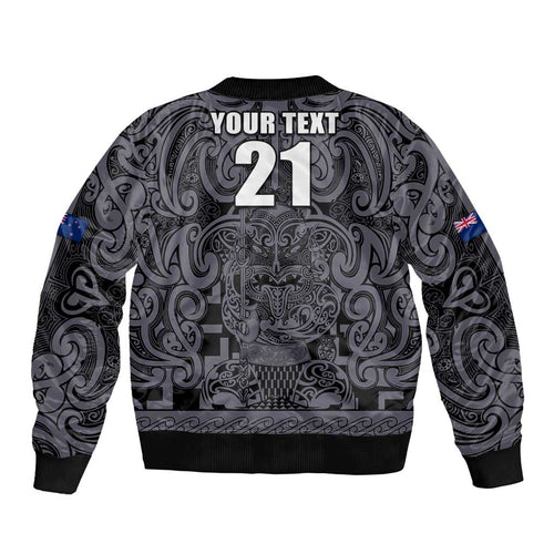 Custom New Zealand Taiaha Maori Bomber Jacket Minimalist Silver Fern All Black - Aussie Hoodie