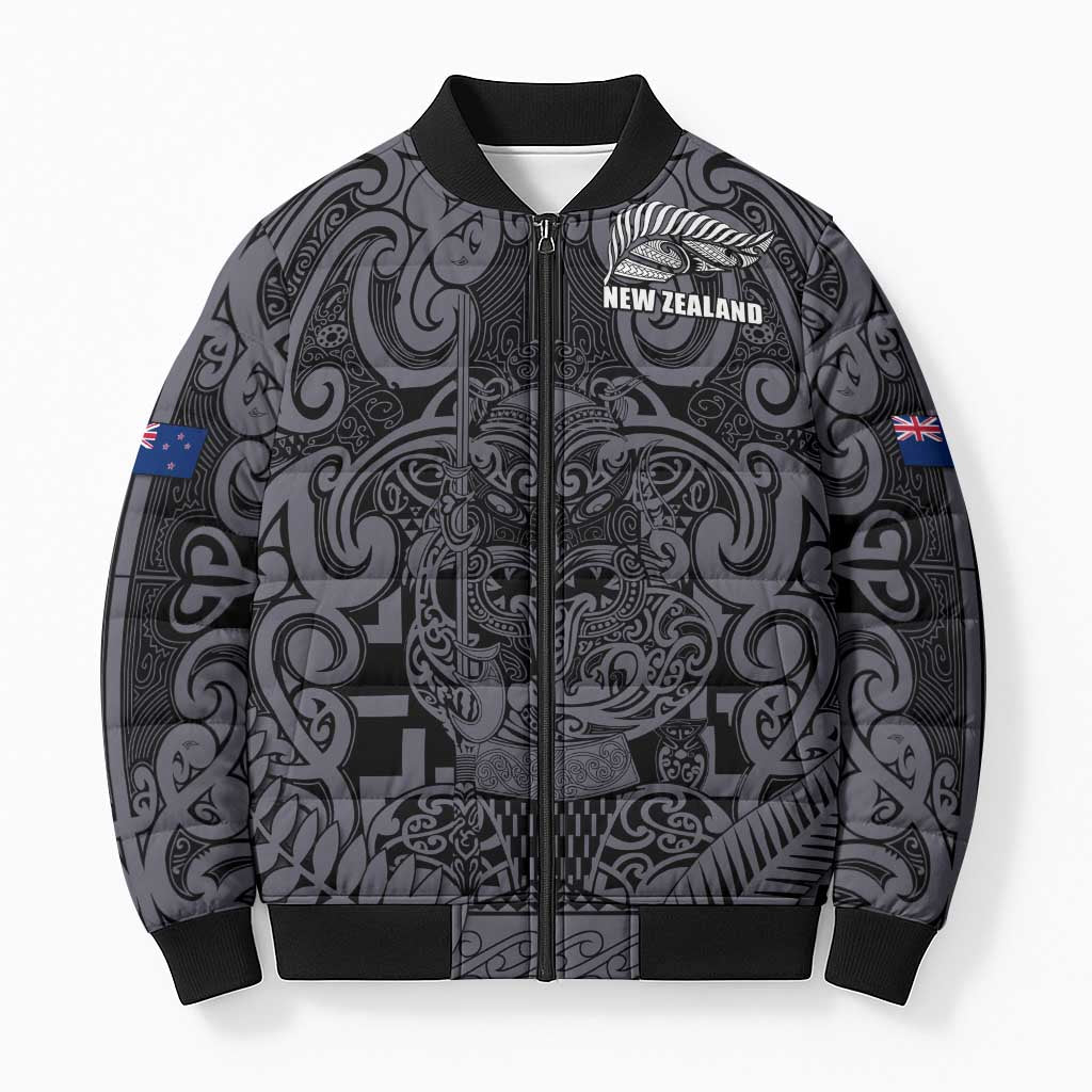 Custom New Zealand Taiaha Maori Bomber Puffer Jacket Minimalist Silver Fern All Black - Aussie Hoodie