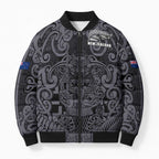Custom New Zealand Taiaha Maori Bomber Puffer Jacket Minimalist Silver Fern All Black - Aussie Hoodie