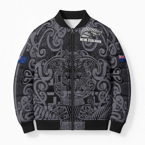 Custom New Zealand Taiaha Maori Bomber Puffer Jacket Minimalist Silver Fern All Black - Aussie Hoodie