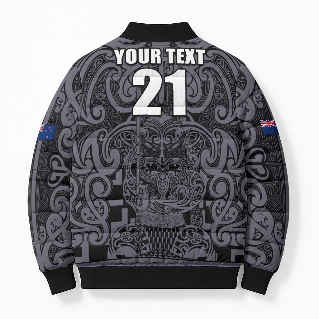 Custom New Zealand Taiaha Maori Bomber Puffer Jacket Minimalist Silver Fern All Black - Aussie Hoodie