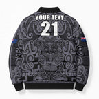 Custom New Zealand Taiaha Maori Bomber Puffer Jacket Minimalist Silver Fern All Black - Aussie Hoodie