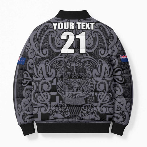 Custom New Zealand Taiaha Maori Bomber Puffer Jacket Minimalist Silver Fern All Black - Aussie Hoodie