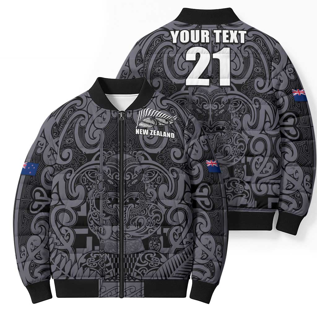 Custom New Zealand Taiaha Maori Bomber Puffer Jacket Minimalist Silver Fern All Black - Aussie Hoodie