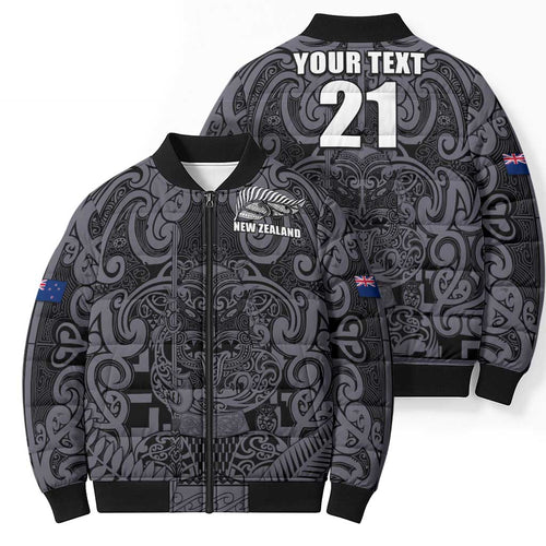Custom New Zealand Taiaha Maori Bomber Puffer Jacket Minimalist Silver Fern All Black - Aussie Hoodie