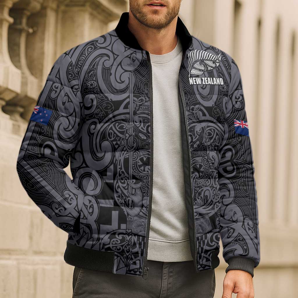Custom New Zealand Taiaha Maori Bomber Puffer Jacket Minimalist Silver Fern All Black - Aussie Hoodie