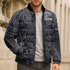 Custom New Zealand Taiaha Maori Bomber Puffer Jacket Minimalist Silver Fern All Black - Aussie Hoodie