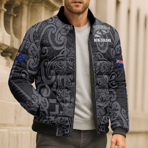 Custom New Zealand Taiaha Maori Bomber Puffer Jacket Minimalist Silver Fern All Black - Aussie Hoodie
