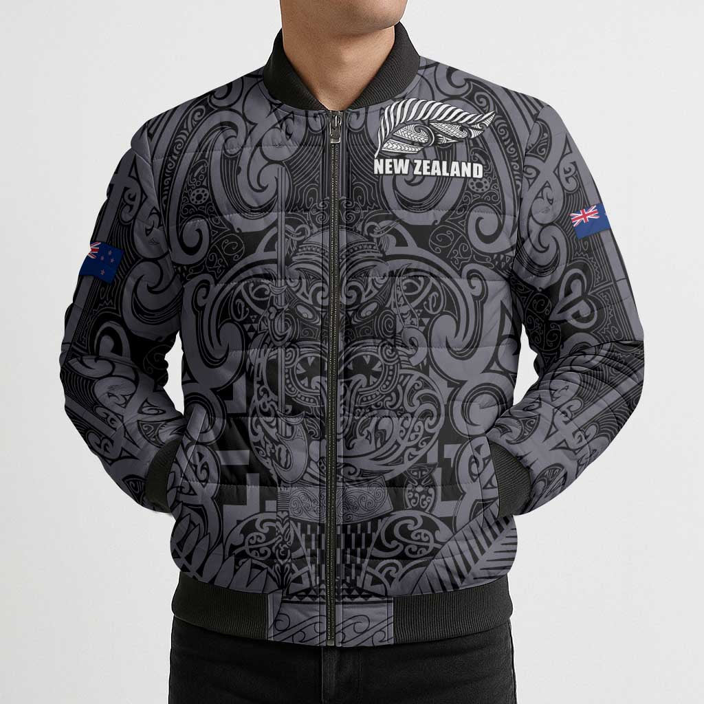 Custom New Zealand Taiaha Maori Bomber Puffer Jacket Minimalist Silver Fern All Black - Aussie Hoodie