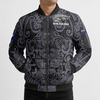 Custom New Zealand Taiaha Maori Bomber Puffer Jacket Minimalist Silver Fern All Black - Aussie Hoodie