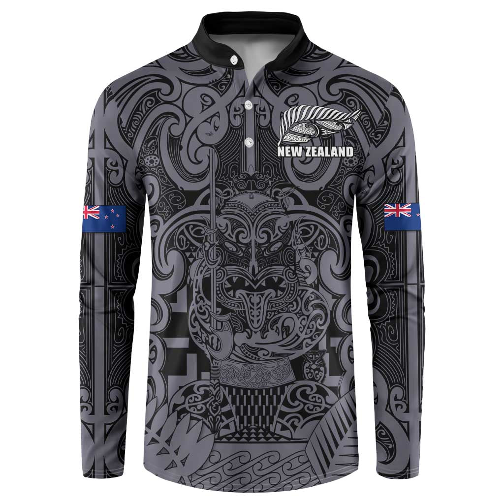 Custom New Zealand Taiaha Maori Button Sweatshirt Minimalist Silver Fern All Black - Aussie Hoodie