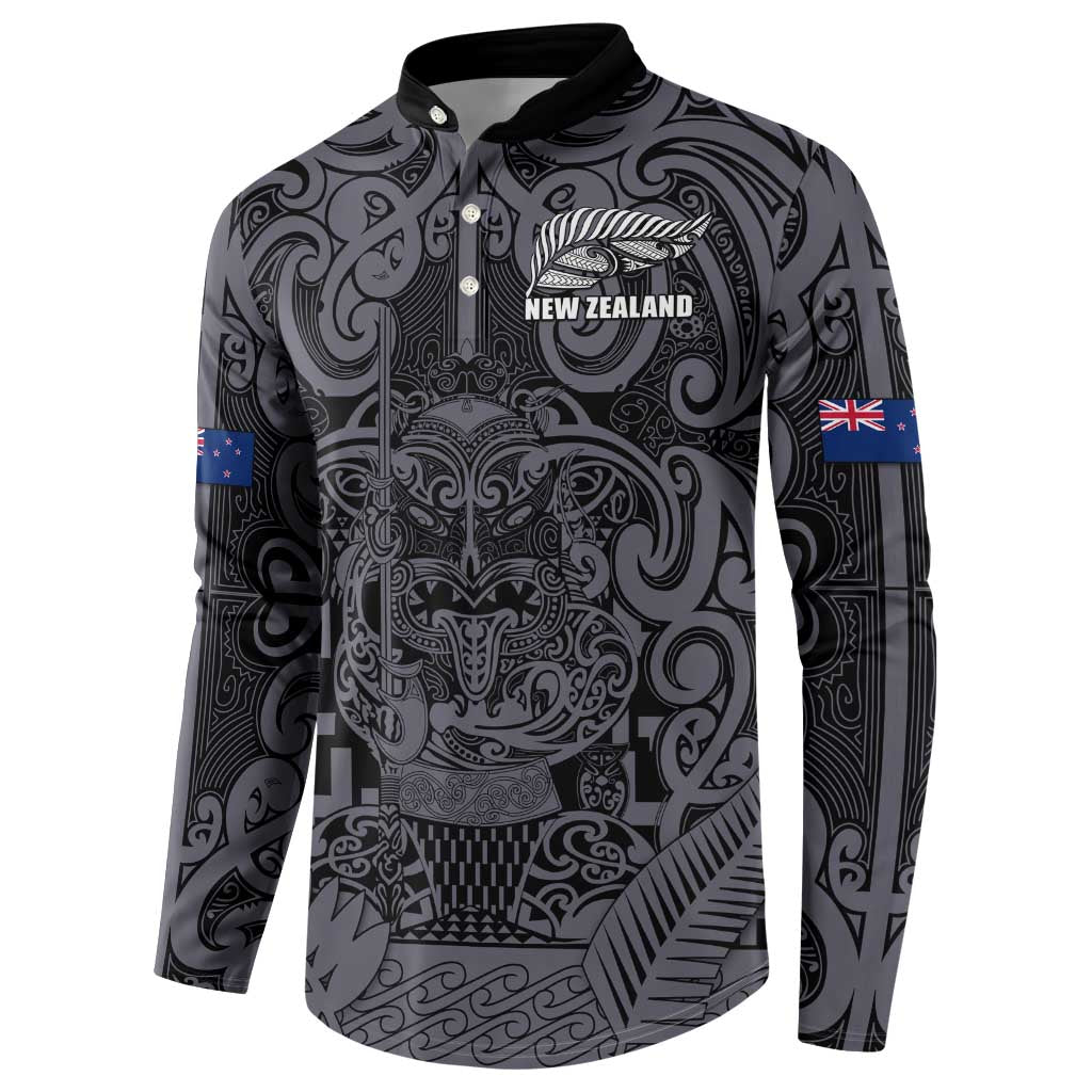 Custom New Zealand Taiaha Maori Button Sweatshirt Minimalist Silver Fern All Black - Aussie Hoodie