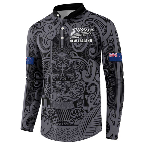Custom New Zealand Taiaha Maori Button Sweatshirt Minimalist Silver Fern All Black - Aussie Hoodie