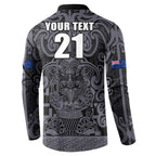 Custom New Zealand Taiaha Maori Button Sweatshirt Minimalist Silver Fern All Black - Aussie Hoodie