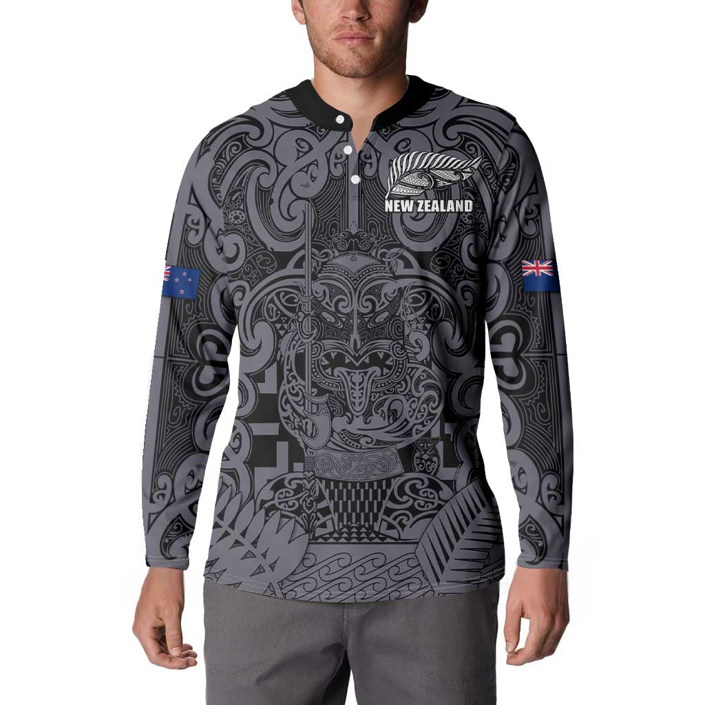 Custom New Zealand Taiaha Maori Button Sweatshirt Minimalist Silver Fern All Black - Aussie Hoodie