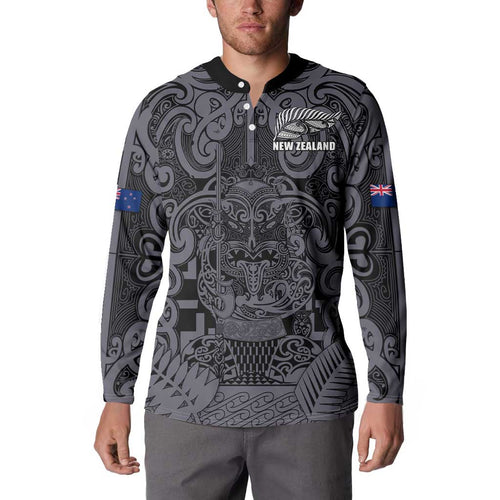 Custom New Zealand Taiaha Maori Button Sweatshirt Minimalist Silver Fern All Black - Aussie Hoodie