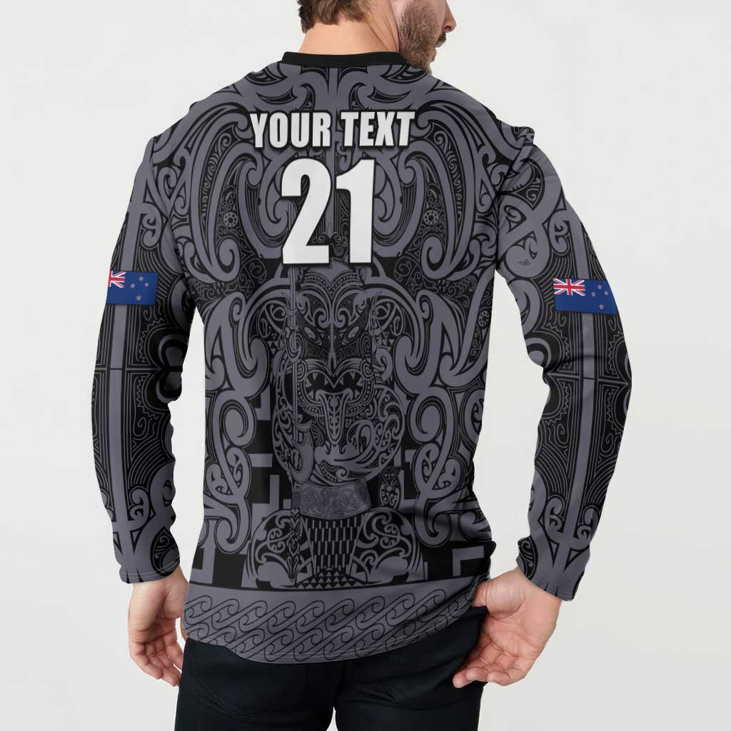 Custom New Zealand Taiaha Maori Button Sweatshirt Minimalist Silver Fern All Black - Aussie Hoodie
