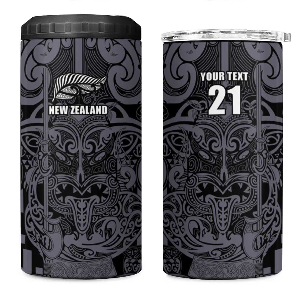Custom New Zealand Taiaha Maori 4 in 1 Can Cooler Tumbler Minimalist Silver Fern All Black - Aussie Hoodie