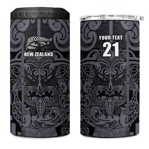 Custom New Zealand Taiaha Maori 4 in 1 Can Cooler Tumbler Minimalist Silver Fern All Black - Aussie Hoodie