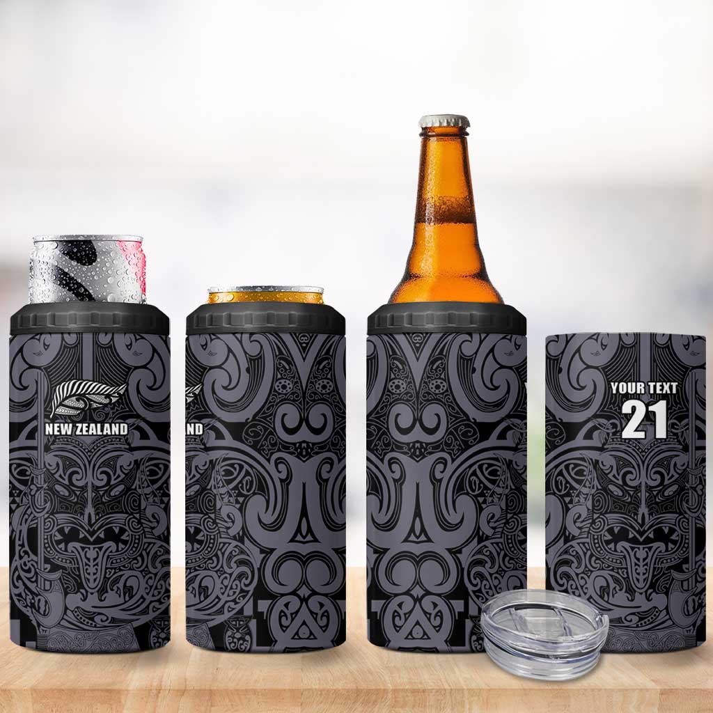 Custom New Zealand Taiaha Maori 4 in 1 Can Cooler Tumbler Minimalist Silver Fern All Black - Aussie Hoodie